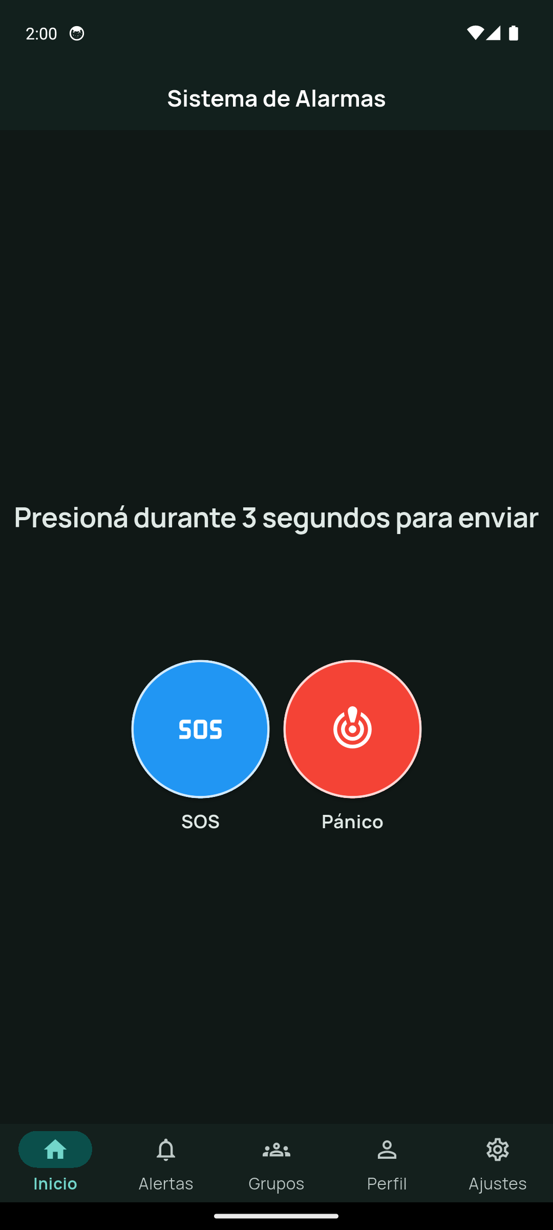 Captura de la pantalla Inicio de la aplicación Android en tema oscuro, con los botones SOS y Pánico